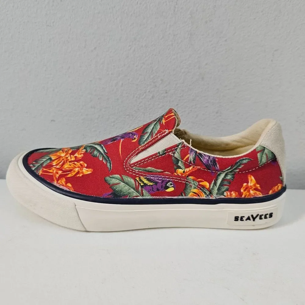 Seavees Womens Hawthorne Slip On Magnum Shoes Size 5 Red Hawaiian Bird‎ Poplin